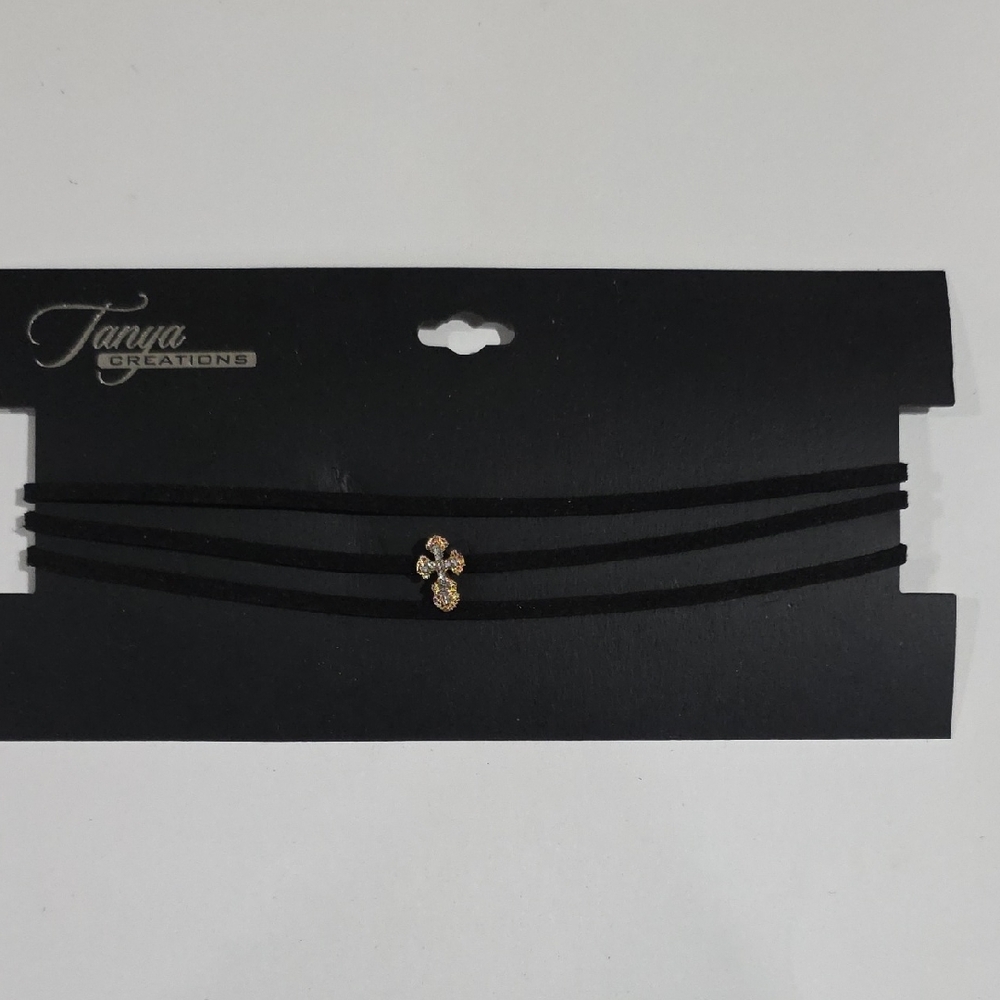 Black Cord Necklace with Gold Rhinestone Cross – Gothic Layered Fashion Jewelry - Picture 3 of 8